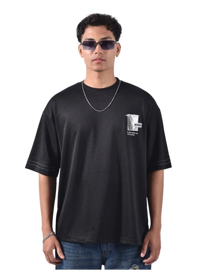 Beyoung Black Applique Patch HD Print Oversized T-Shirt